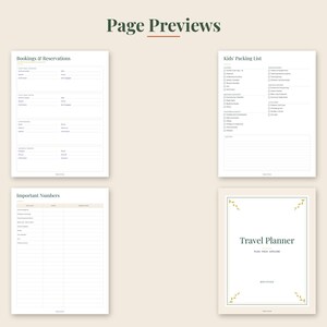 Peut inclure: Un ensemble de planificateur de voyage num&eacute;rique pr&eacute;sentant quatre aper&ccedil;us de pages : Bookings & Reservations, Kids' Packing List, Important Numbers et une page de couverture intitul&eacute;e Travel Planner avec un texte vert fonc&eacute; sur fond blanc.