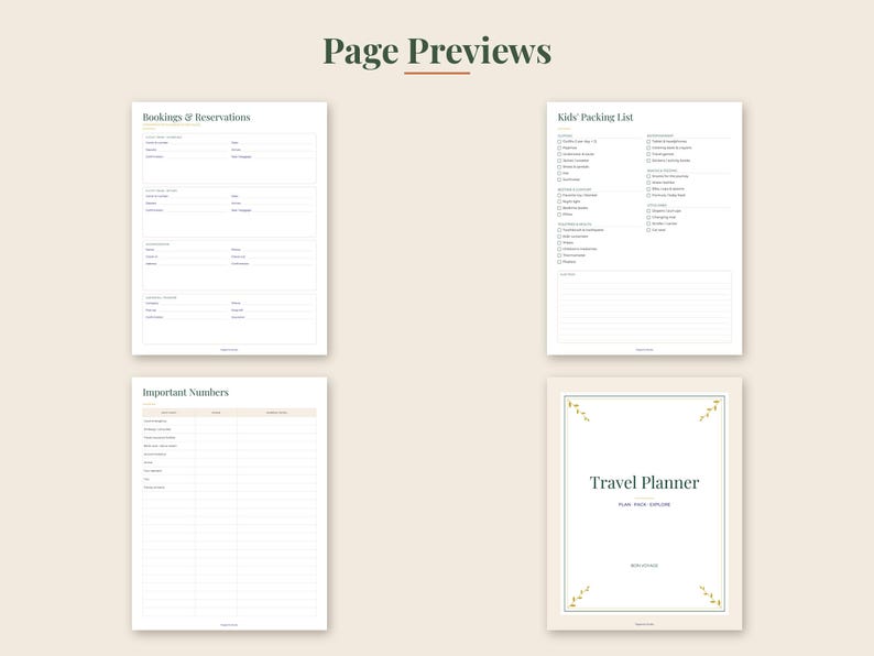 Peut inclure: Un ensemble de planificateur de voyage num&eacute;rique pr&eacute;sentant quatre aper&ccedil;us de pages : Bookings & Reservations, Kids' Packing List, Important Numbers et une page de couverture intitul&eacute;e Travel Planner avec un texte vert fonc&eacute; sur fond blanc.