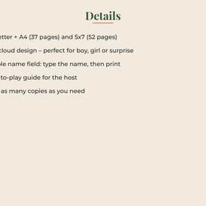 May include: A digital document titled Details featuring a cloud design. It lists US Letter and A4 sizes with 37 pages, 5x7 size with 52 pages, a fillable name field, a how-to-play guide for the host, and instructions to print as many copies as needed.