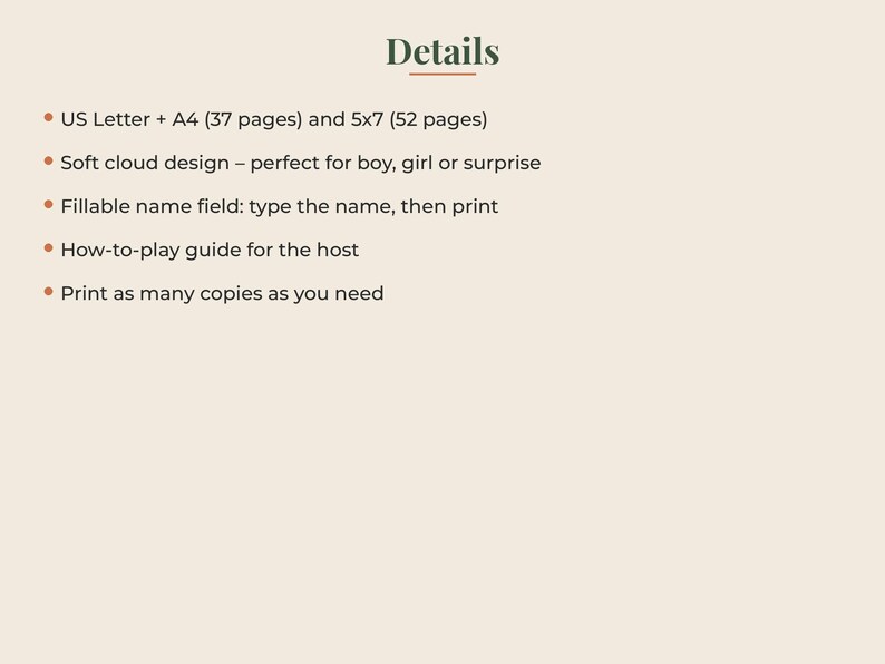 May include: A digital document titled Details featuring a cloud design. It lists US Letter and A4 sizes with 37 pages, 5x7 size with 52 pages, a fillable name field, a how-to-play guide for the host, and instructions to print as many copies as needed.