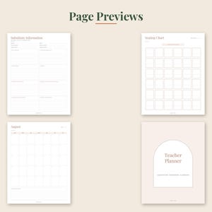 May include: A digital teacher planner set featuring four page previews: a Substitute Information form, a Seating Chart grid, an August monthly calendar, and a cover page with an arched design and the text Teacher Planner.