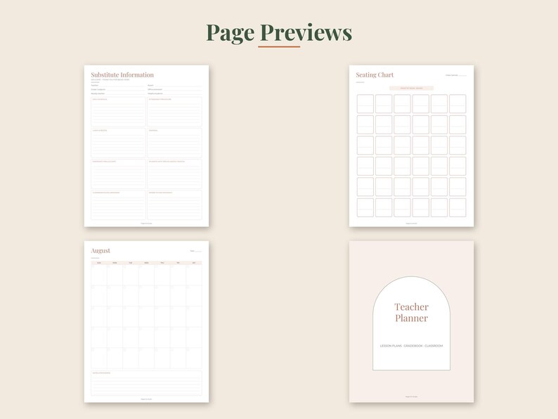 May include: A digital teacher planner set featuring four page previews: a Substitute Information form, a Seating Chart grid, an August monthly calendar, and a cover page with an arched design and the text Teacher Planner.