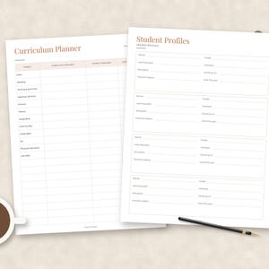 May include: Two white paper sheets featuring printed educational templates. The left sheet is titled Curriculum Planner with columns for subjects. The right sheet is titled Student Profiles with sections for student details. Both have terracotta text.