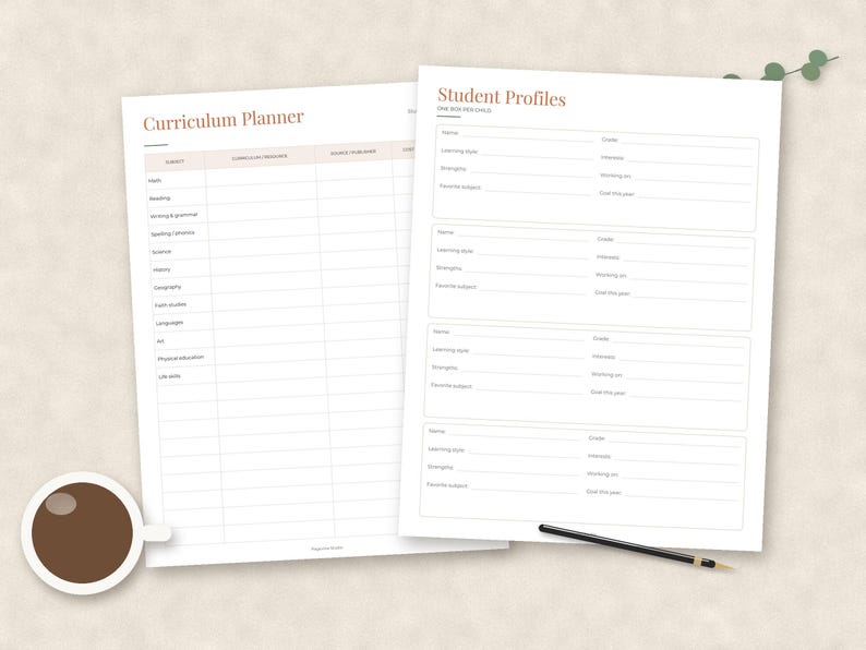 May include: Two white paper sheets featuring printed educational templates. The left sheet is titled Curriculum Planner with columns for subjects. The right sheet is titled Student Profiles with sections for student details. Both have terracotta text.