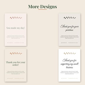 Peut inclure: Quatre cartes de remerciement rectangulaires avec des illustrations de feuilles en haut. Les cartes pr&eacute;sentent du texte incluant You made my day, Thank you for your purchase, Thank you for your order, et Thank you for supporting my small business.