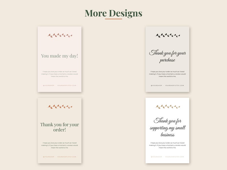 Peut inclure: Quatre cartes de remerciement rectangulaires avec des illustrations de feuilles en haut. Les cartes pr&eacute;sentent du texte incluant You made my day, Thank you for your purchase, Thank you for your order, et Thank you for supporting my small business.