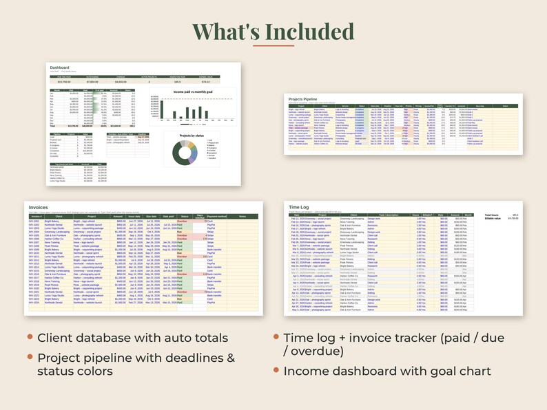 May include: A digital business management spreadsheet template featuring a dashboard with income charts, a project pipeline table with status colors, an invoice tracker, and a time log. The text What's Included is at the top with feature lists below.