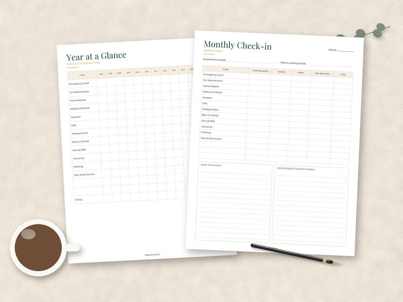May include: Two white paper financial planning sheets featuring black text and grid lines. The left sheet is titled Year at a Glance, and the right sheet is titled Monthly Check-in. Both documents include rows for categories like Emergency Fund, Car Maintenance, and Home Repairs.