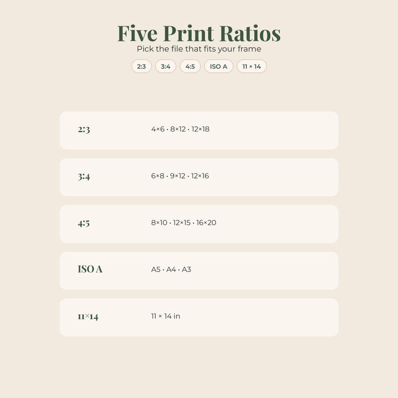 May include: A beige informational chart titled Five Print Ratios with the subtitle Pick the file that fits your frame. It lists five ratios: 2:3 with 4x6, 8x12, 12x18; 3:4 with 6x8, 9x12, 12x16; 4:5 with 8x10, 12x15, 16x20; ISO A with A5, A4, A3; and 11x14 with 11x14 in.