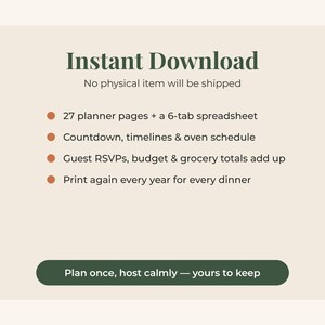 May include: A digital planner template featuring the text Instant Download, No physical item will be shipped, 27 planner pages + a 6-tab spreadsheet, Countdown, timelines & oven schedule, Guest RSVPs, budget & grocery totals add up, Print again every year for every dinner, and Plan once, host calmly &mdash; yours to keep.
