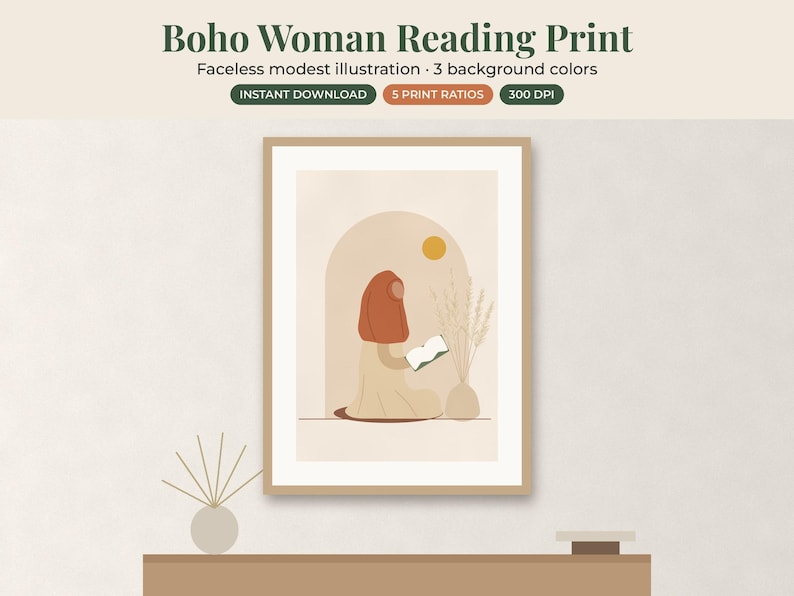 May include: A framed wall art print featuring a faceless figure in a rust-colored head covering and beige clothing reading a book. The illustration includes an arched doorway, a yellow sun, and a vase with dried grass in a neutral color palette.