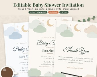 Baby Shower Invitation Template Editable, Gender Neutral Cloud Invite, Printable Evite