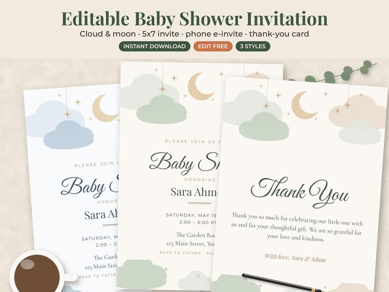 Peut inclure: Trois mod&egrave;les de faire-part de baby shower et de cartes de remerciement modifiables avec un motif de nuages et de lune. Le texte inclut "Editable Baby Shower Invitation", "Cloud & moon", "5x7 invite", "phone e-invite", "thank-you card", "INSTANT DOWNLOAD", "EDIT FREE" et "3 STYLES".