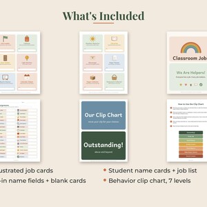 May include: A set of printable classroom management materials including thirty illustrated job cards, student name cards, a job assignment list, and a seven-level behavior clip chart. The documents feature a rainbow graphic and text.