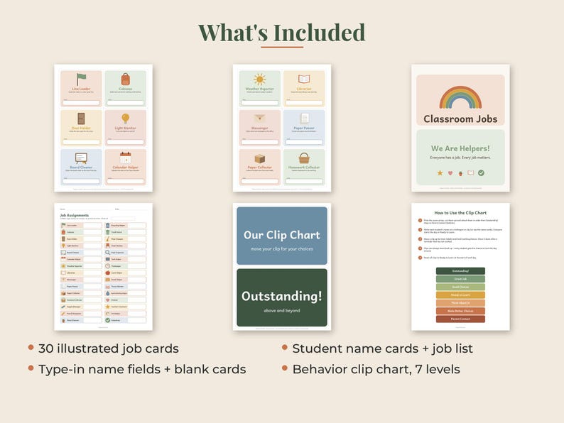 May include: A set of printable classroom management materials including thirty illustrated job cards, student name cards, a job assignment list, and a seven-level behavior clip chart. The documents feature a rainbow graphic and text.