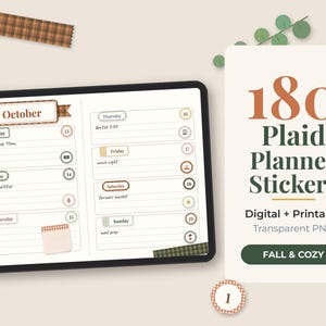 May include: A digital planner display showing a weekly schedule for October with plaid-themed stickers, alongside text reading 180 Plaid Planner Stickers Digital + Printable Transparent PNG FALL & COZY, featuring various circular icons and labels.