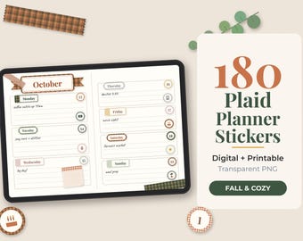 Plaid Digital Planner Stickers, 180 Fall GoodNotes PNG, Washi Tape, Page Tabs, Headers