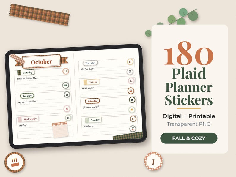 May include: A digital planner display showing a weekly schedule for October with plaid-themed stickers, alongside text reading 180 Plaid Planner Stickers Digital + Printable Transparent PNG FALL & COZY, featuring various circular icons and labels.