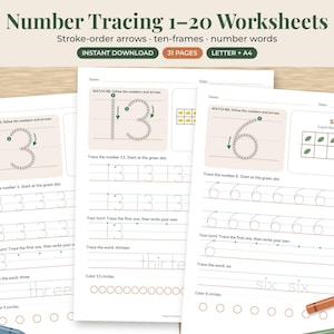 May include: Number tracing 1-20 worksheets featuring stroke-order arrows, ten-frames, and number words. The pages include dotted lines for tracing numbers and words, along with circles to color. Text includes Number Tracing 1-20 Worksheets.