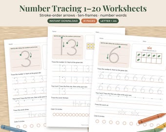 Number Tracing Worksheets 1-20, Preschool Math Printable, Counting Practice for Kids
