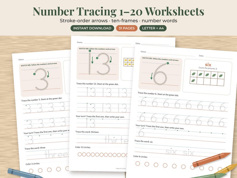 May include: Number tracing 1-20 worksheets featuring stroke-order arrows, ten-frames, and number words. The pages include dotted lines for tracing numbers and words, along with circles to color. Text includes Number Tracing 1-20 Worksheets.