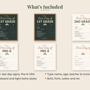 May include: A collection of six printable school milestone signs featuring chalkboard and light-colored backgrounds. Each sign includes fields for name, age, teacher, and interests, decorated with a small rainbow graphic and text for first and last days.