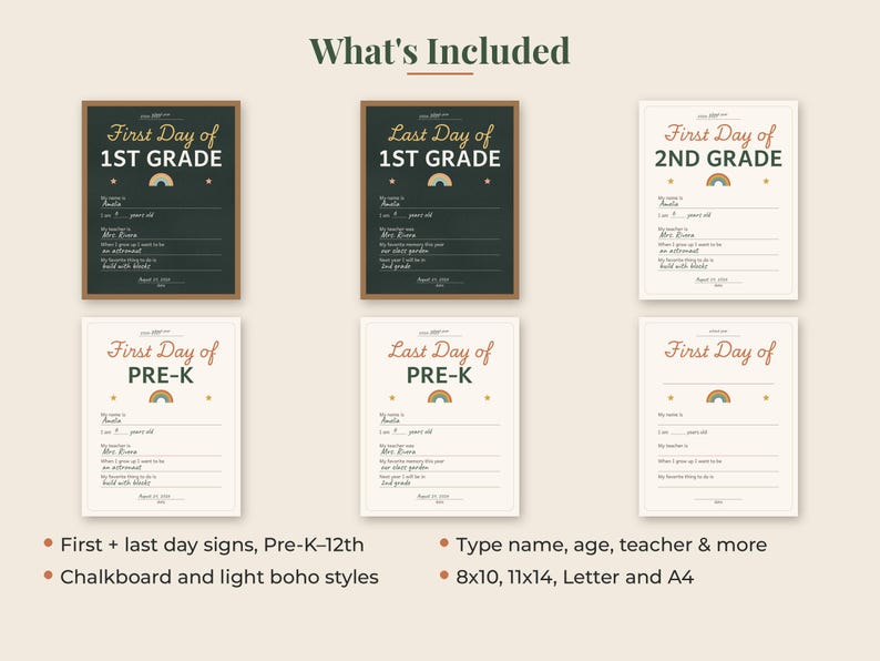 May include: A collection of six printable school milestone signs featuring chalkboard and light-colored backgrounds. Each sign includes fields for name, age, teacher, and interests, decorated with a small rainbow graphic and text for first and last days.