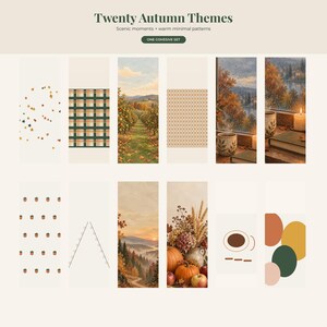 May include: A digital collection titled Twenty Autumn Themes featuring ten vertical panels with autumn-inspired imagery including scattered leaves, plaid patterns, orchard landscapes, geometric prints, rainy window views, acorns, and pumpkins.