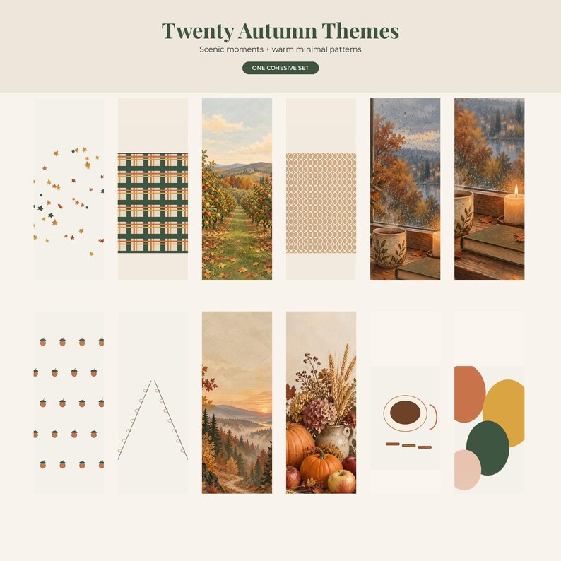 May include: A digital collection titled Twenty Autumn Themes featuring ten vertical panels with autumn-inspired imagery including scattered leaves, plaid patterns, orchard landscapes, geometric prints, rainy window views, acorns, and pumpkins.