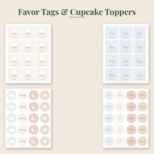 May include: A digital sheet of favor tags and cupcake toppers featuring the text Favor Tags & Cupcake Toppers. The designs include square and circular labels in soft pastel blue, pink, and beige with cloud, moon, star, and text graphics.