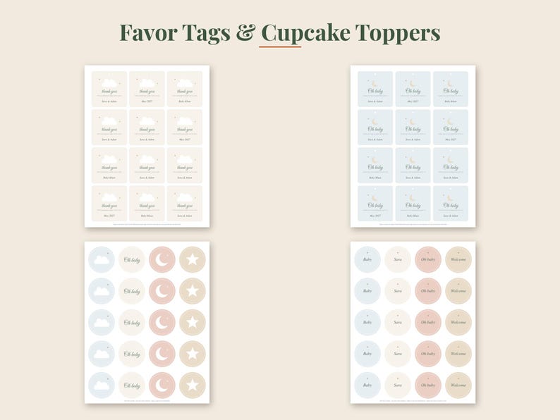May include: A digital sheet of favor tags and cupcake toppers featuring the text Favor Tags & Cupcake Toppers. The designs include square and circular labels in soft pastel blue, pink, and beige with cloud, moon, star, and text graphics.