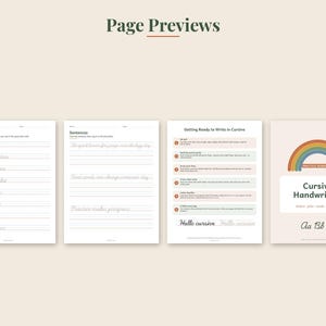 May include: Four pages of a cursive handwriting practice workbook. The pages feature lined paper with cursive writing exercises, instructions titled Getting Ready to Write in Cursive, and a cover page with a rainbow graphic and the text Cursive Handwriting.