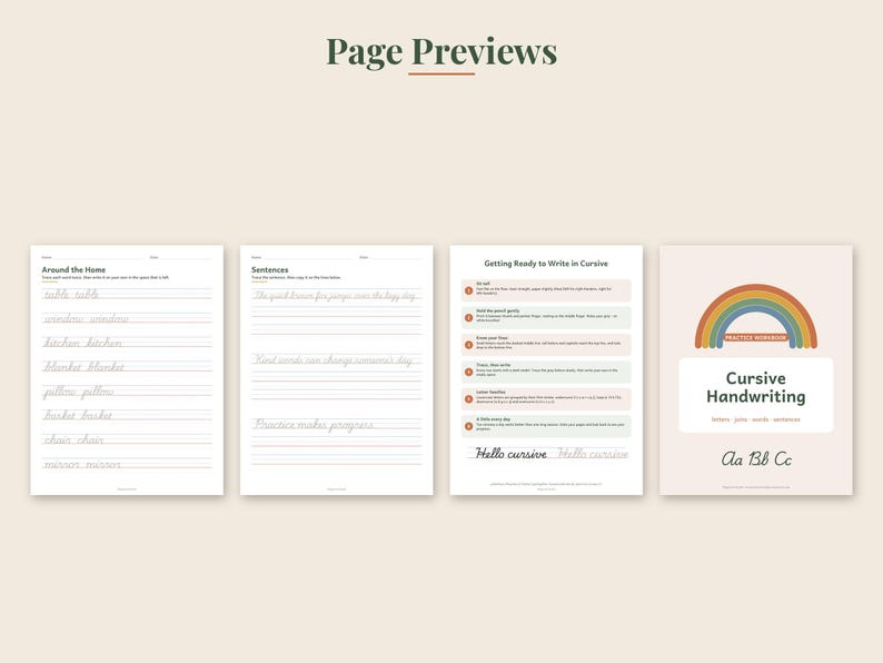 May include: Four pages of a cursive handwriting practice workbook. The pages feature lined paper with cursive writing exercises, instructions titled Getting Ready to Write in Cursive, and a cover page with a rainbow graphic and the text Cursive Handwriting.