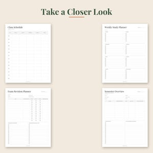 May include: Four white digital planner pages with black text titled Class Schedule, Weekly Study Planner, Exam Revision Planner, and Semester Overview. Each page features organized grids, checklists, and lines for academic tracking and organization.