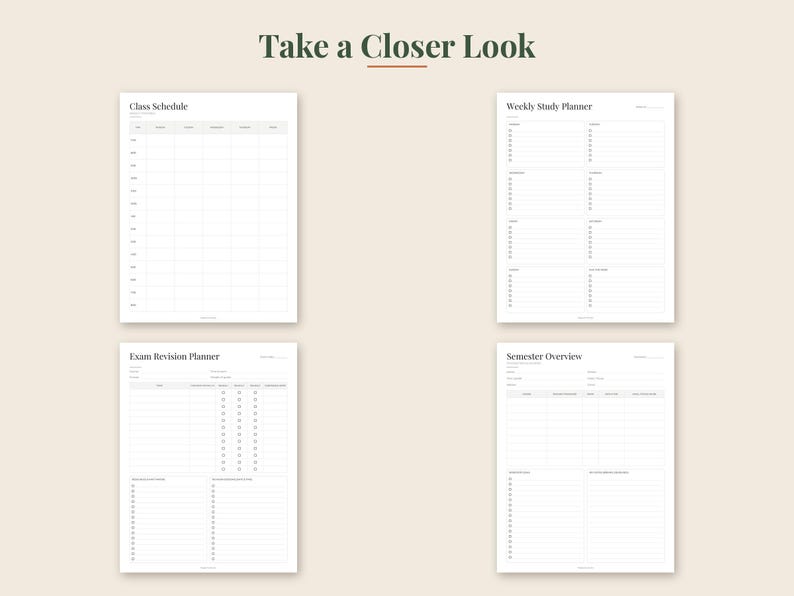 May include: Four white digital planner pages with black text titled Class Schedule, Weekly Study Planner, Exam Revision Planner, and Semester Overview. Each page features organized grids, checklists, and lines for academic tracking and organization.