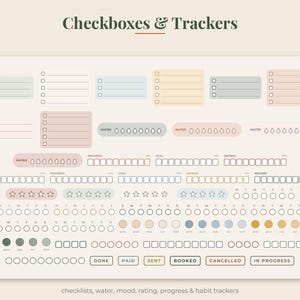 May include: A digital sticker sheet titled Checkboxes & Trackers featuring various pastel-colored planning elements including checklists, water droplet trackers, star ratings, weekly habit circles, and status labels like DONE, PAID, SENT, and BOOKED.