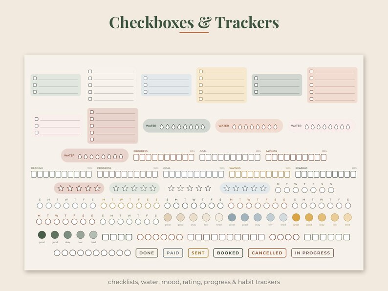 May include: A digital sticker sheet titled Checkboxes & Trackers featuring various pastel-colored planning elements including checklists, water droplet trackers, star ratings, weekly habit circles, and status labels like DONE, PAID, SENT, and BOOKED.