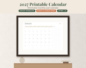 Calendario imprimible 2027, calendario de pared minimalista, notas mensuales, inicio domingo-lunes
