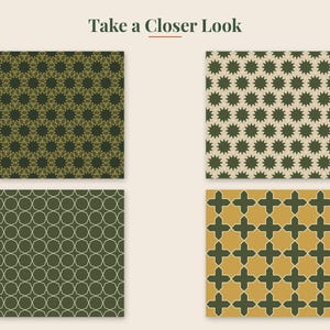 May include: Four square tiles featuring geometric patterns with the text Take a Closer Look at the top. The designs include dark green with gold star outlines, cream with dark green stars, olive green with white grid lines, and gold with dark green crosses.