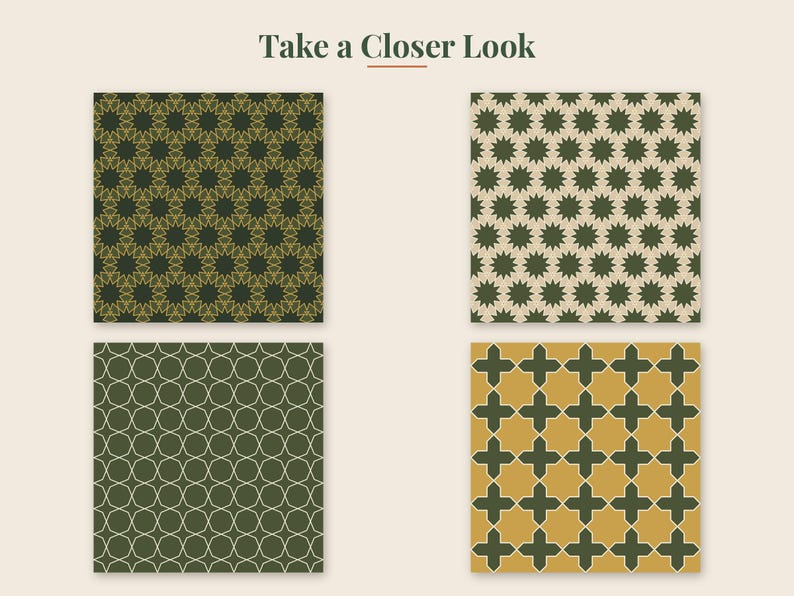 May include: Four square tiles featuring geometric patterns with the text Take a Closer Look at the top. The designs include dark green with gold star outlines, cream with dark green stars, olive green with white grid lines, and gold with dark green crosses.