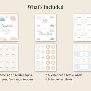 May include: A collection of printable event stationery featuring a cloud and moon theme in soft pastel colors. The set includes a welcome sign, table signs, food tents, favor tags, cupcake toppers, and bottle labels with editable text fields.