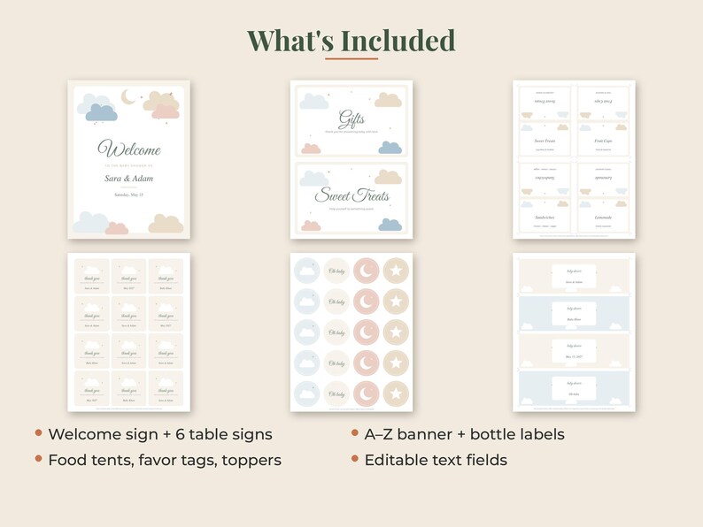 May include: A collection of printable event stationery featuring a cloud and moon theme in soft pastel colors. The set includes a welcome sign, table signs, food tents, favor tags, cupcake toppers, and bottle labels with editable text fields.