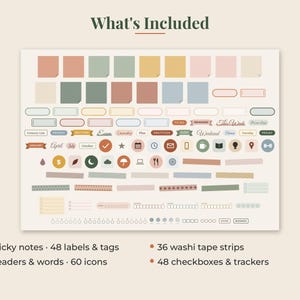 May include: A digital sticker set titled What's Included featuring 48 sticky notes, 48 labels and tags, 60 headers and words, 60 icons, 36 washi tape strips, and 48 checkboxes and trackers in muted tones of sage green, terracotta, yellow, and blue.