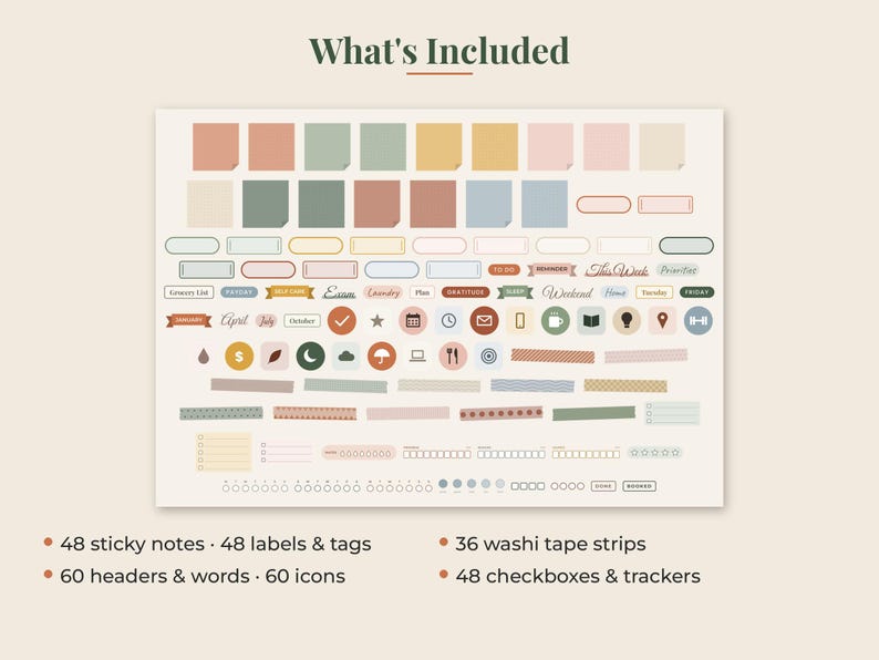 May include: A digital sticker set titled What's Included featuring 48 sticky notes, 48 labels and tags, 60 headers and words, 60 icons, 36 washi tape strips, and 48 checkboxes and trackers in muted tones of sage green, terracotta, yellow, and blue.