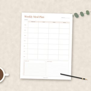 May include: A white weekly meal plan sheet with a grid for breakfast, lunch, dinner, and snacks for each day of the week. The document includes a grocery list section and a notes section at the bottom, with the text Weekly Meal Plan at the top.