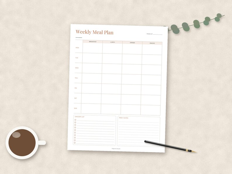 May include: A white weekly meal plan sheet with a grid for breakfast, lunch, dinner, and snacks for each day of the week. The document includes a grocery list section and a notes section at the bottom, with the text Weekly Meal Plan at the top.