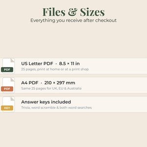 May include: A digital file information graphic titled Files & Sizes. It lists a 25-page US Letter PDF at 8.5 x 11 inches, a 25-page A4 PDF at 210 x 297 mm for UK, EU, and Australia, and confirms that answer keys for trivia, word scramble, and word searches are included.