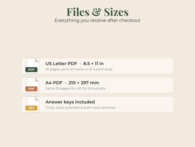 May include: A digital file information graphic titled Files & Sizes. It lists a 25-page US Letter PDF at 8.5 x 11 inches, a 25-page A4 PDF at 210 x 297 mm for UK, EU, and Australia, and confirms that answer keys for trivia, word scramble, and word searches are included.