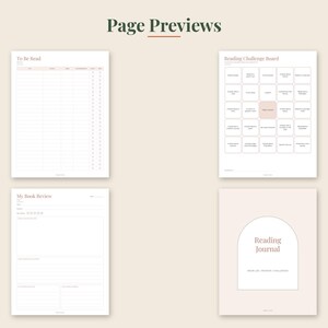 May include: Four digital planner pages titled Page Previews, including a To Be Read list, a Reading Challenge Board with twenty-five squares, a My Book Review form with star ratings, and a Reading Journal cover featuring an arched graphic design.