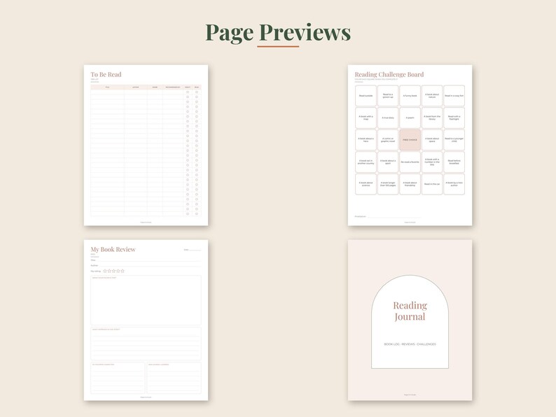May include: Four digital planner pages titled Page Previews, including a To Be Read list, a Reading Challenge Board with twenty-five squares, a My Book Review form with star ratings, and a Reading Journal cover featuring an arched graphic design.